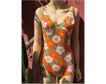 1960s 70s Daisy Floral one piece New Old Stock Swimsuit Bathing Suit // size eu 36-uk8-uk4