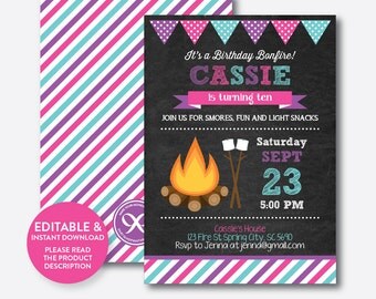 Instant Download, Editable Bonfire Birthday Invitation, Bonfire Invitation, Camping Invitation, Camping Party Invite, Chalkboard (CKB.498B)