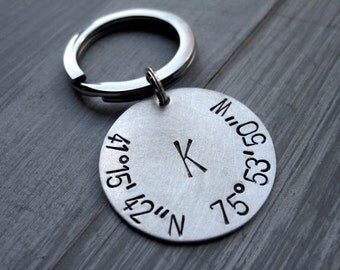 Sterling Silver Latitude Longitude Keychain Personalized Key Chain Hand Stamped GPS Coordinates Geocode Father's Day Gift Graduation Gift