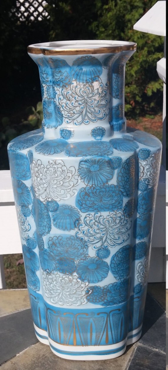 Vintage gold trim blue vase decor Made in by VintageInspiredNow