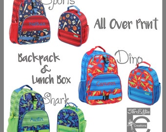 Stephen Joseph Kids All Over Print Backpack and Lunch Box, Personalized Children's Backpack and Lunch Box, Dino, Sports and Shark.