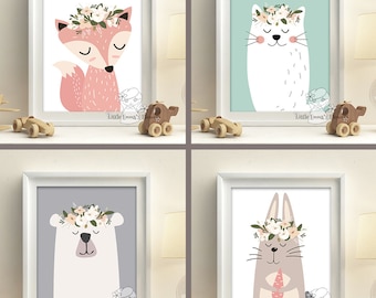 Woodland Animals Nursery Art Prints set pastel colors baby girl wall decor poster kids room print printable fox bear forest digital art 7