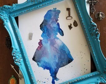 Galaxy Alice watercolor painting, silhouette, whimsical art, fairytale painting, nursery art