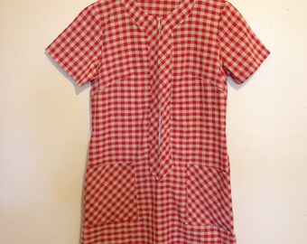 70s Red Plaid Dress -with pockets! Small/ Medium