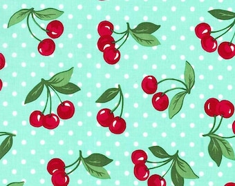 Cherry Dot by Michael Miller fabrics, mint,aqua dot with cherries, cherry fabric, sewing quilting apparel fabric by the yard, novelty fabric