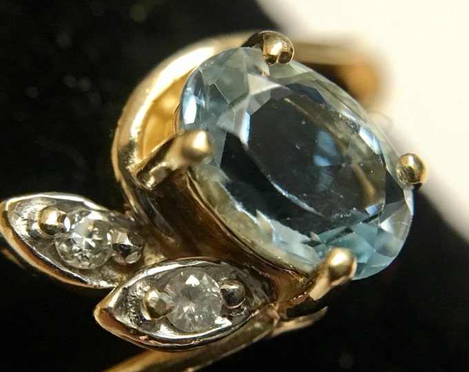 Storewide 25% Off SALE Vintage 10k Yellow Gold Faceted Aquamarine Designer Cocktail Ring Featuring Double Diamond Accents