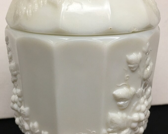 Storewide 25% Off SALE Vintage Westmoreland White Milk Glass Biscuit Jar Featuring Grape Leaf Style Design