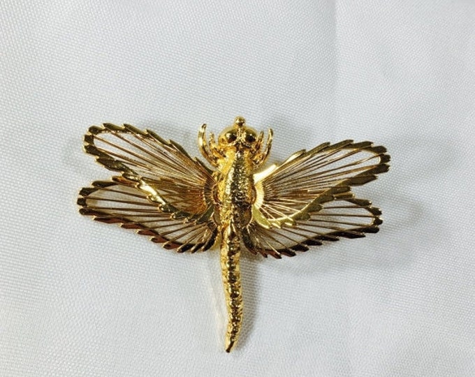 Storewide 25% Off SALE Vintage Gold Tone Monet Open Winged Dragonfly Designer Brooch Pin Featuring Elegant High Gloss Finish