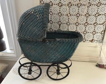 Antique Wicker Teal Blue Toy Baby Carriage Vintage Victorian Doll Stroller