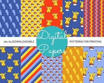 Pikachu Pokemon A4 Digital Paper - Instant Download for Printing and Scrapbooking