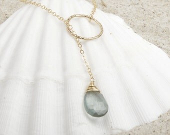 Lariat Necklace/Gold Lariat Necklace/Moss Aquamarine Necklace/Aquamarine Lariat Necklace/March Birthstone
