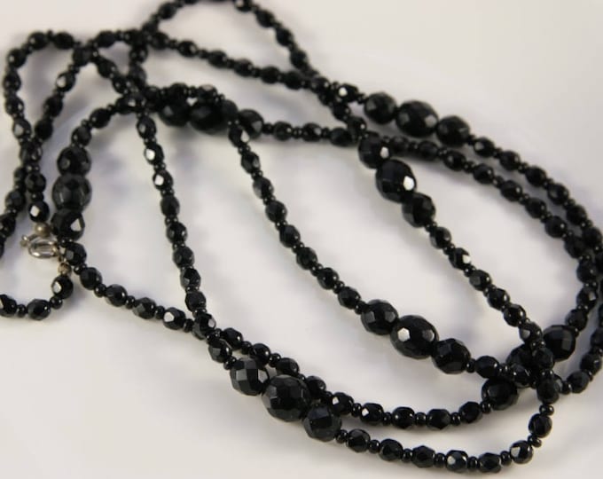 Black Necklace Gatsby Downton Abbey Art Deco Mourning Very Long Black Beaded Necklace Flapper 1920s Black Jet Style Chanel Style Crystal