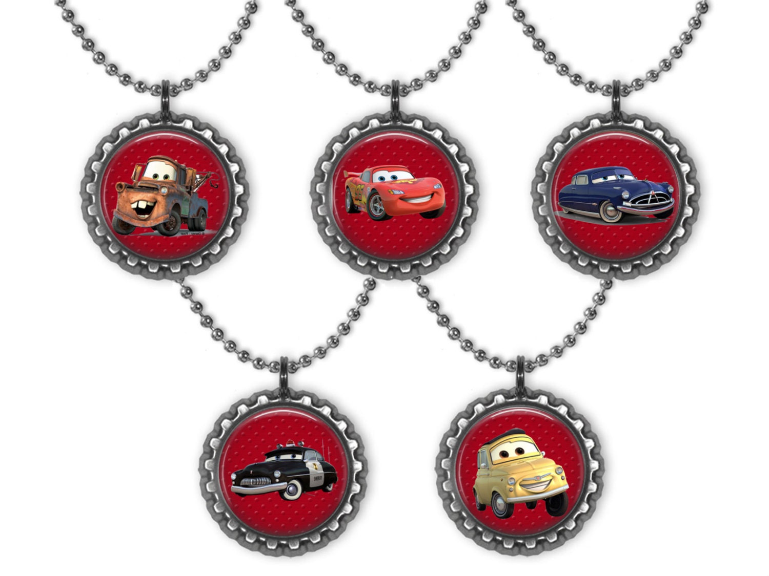 5 Disney Pixar CARS 3D Bottle Cap Necklace Birthday Party