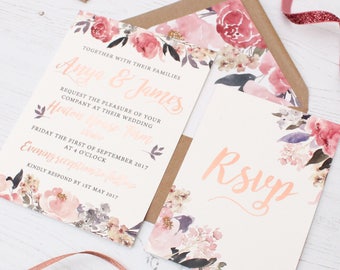 Rose Gold Foil Floral Wedding Invitation - Heirloom Peonies Invite - Foiled Wedding Invite - Luxury Invitation - Blush Watercolour Invite