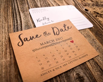 Double Sided Rustic Calendar Save the Date Postcard | White or Kraft Rustic Save the Date Cards | Color & Edge Styling Available !