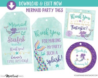 Mermaid Birthday Tags, Mermaid Favor Tags, Under The Sea Mermaid Party, Personalized Edit Yourself Instant Download