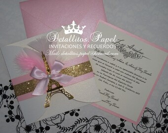 Paris Invitation, Quinceanera Invitation, Invitation Eiffel Gold Pink Invitation, Wedding Invitation, Gatefold Invitations 100