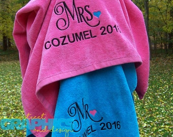 His and Hers Beach Towels - EXTRA LARGE Mr. and Mrs. Beach towel set of two - Couples Monogrammed Beach Towels - Honeymoon towels