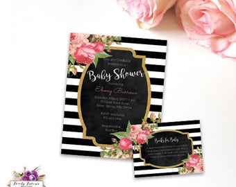 Black and White Stripe - Kate Spade Inspired - Pink Floral Baby Shower Invitation - Printable Invitation - Digital Invitation - BEST SELLER