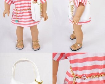 Fits like American Girl Doll Clothes, 18 inch Doll Clothes, AG Doll Clothes, MODERN RESORT, Beach Tunic, Gold Sandals, White Handbag & Belt