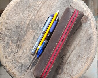 Red zipper leather pencil case **Free shipping**