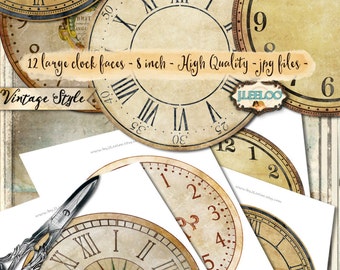 VINTAGE CLOCK 8 inch circle - printable clock face jpeg clipart vintage home decor diy paper crafting - download digital collage - tn539