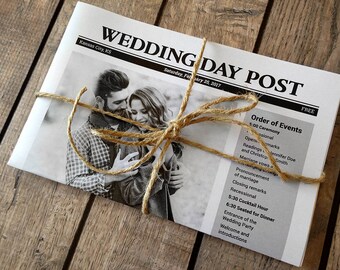 Newspaper Wedding Programs Printed - Fun program idea for brunch wedding. Photos, custom crossword puzzle. Unique rustic or vintage decor.