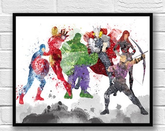 Avengers Watercolor Print, Movie Poster, Wall Art Print, Hulk, Iron Man, Captain America, Thor, Black Widow, Hawkeye, Kids Room Decor - 145