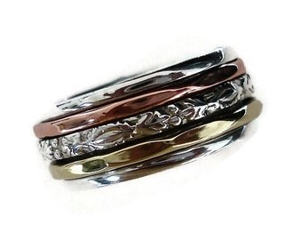 Spinner Ring Narrow Copper Silver Brass 3 Ring with Detailing, Narrow Spinner Ring, Fancy Spinning Ring, Slim Spin Ring, Mistry Gems, SP50
