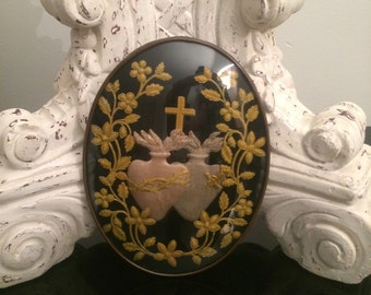 Antique Large French Sacred Heart Bleeding Heart Religious Art / Religious Wall Hanging / Antique Convex Glass Frame - Larger 8" Size