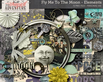 Moon, space, digital download, scrapbook alpha, vintage, stars, galaxy, astronaut, cosmic, sci-fi, love, fly, rocket, Jules Verne