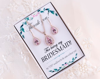 Blush earrings Blush Bridesmaid Earrings Blush bridal jewelry set Bridesmaid gift Blush pink earrings Crystal Earrings with Bridesmaid card