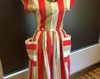 Vintage 80's Tie Back Cotton Summer Dress-Beige Pink White Striped Dress Pockets-Vintage Summer Dress-Size 8 AU-Australia