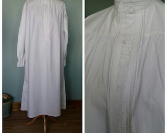 Victorian long nightgown nightdress white colour with broderie anglaise and long sleeved antique vintage Fits small to medium home made sewn