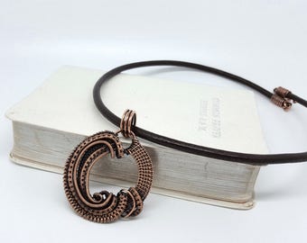 Wire Wrapped Copper Pendant, 7th Anniversary Gift, Gothic Steampunk Necklace, Copper Wirework Jewelry, Hand Woven Copper Jewellery, Handmade