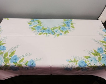 Vintage Rectangular Tablecloth - Blue Roses with Sharp Greenery and Leaves - Blue Center - Gorgeous - 65 x 53