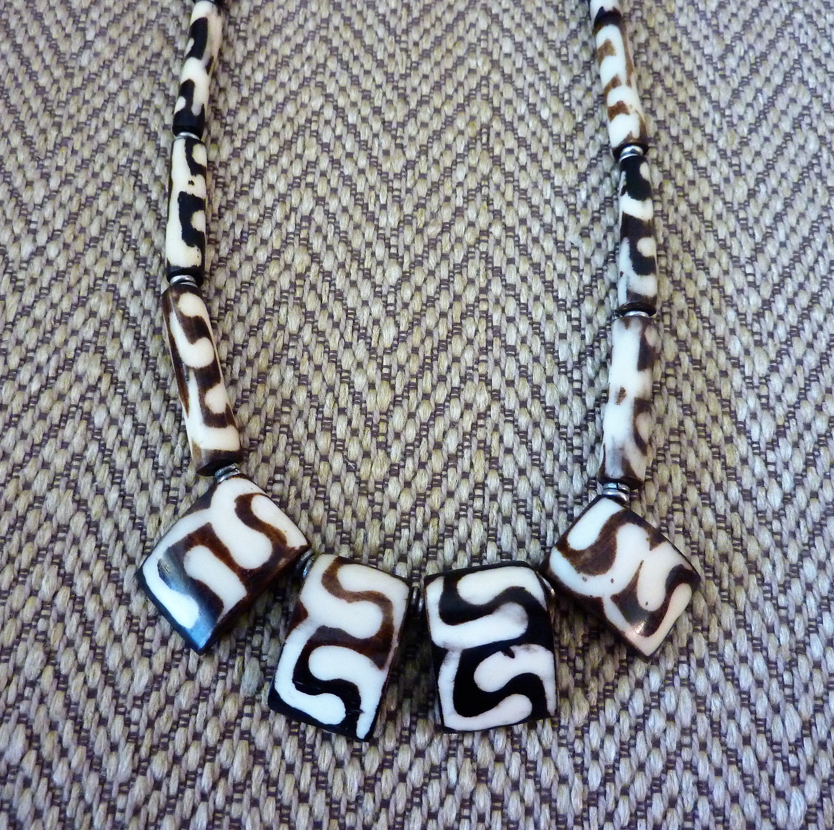 Vintage African Batik Bone Bead Necklace / Handmade Tribal