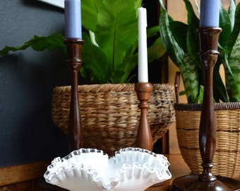 Vintage Fenton Silvercrest White Milk Glass Pedestal Bowl // Ribboned Edge Fenton Bowl // Wedding - Shower Decor