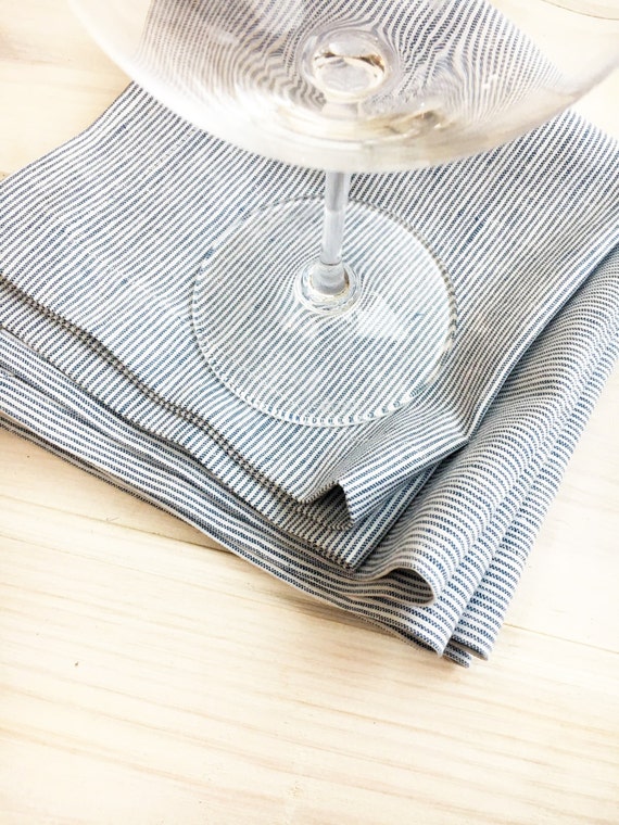Linen Napkins Set of Six white and blue striped by