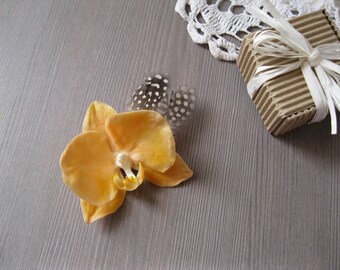 Peach bridesmaid hair piece Peach wedding hair flower Peach flower hair clip Orchid hair pin Retro hair flower Feather hair clip for wedding
