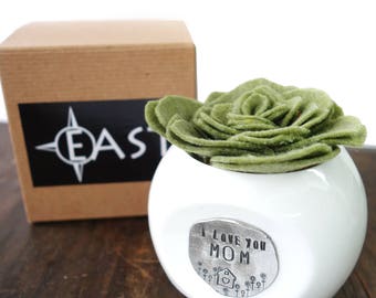 birthday gift for mom from daughter, i love you mom ceramic planter, gift for mom, white succulent planter hand stamped, unique planter, pot