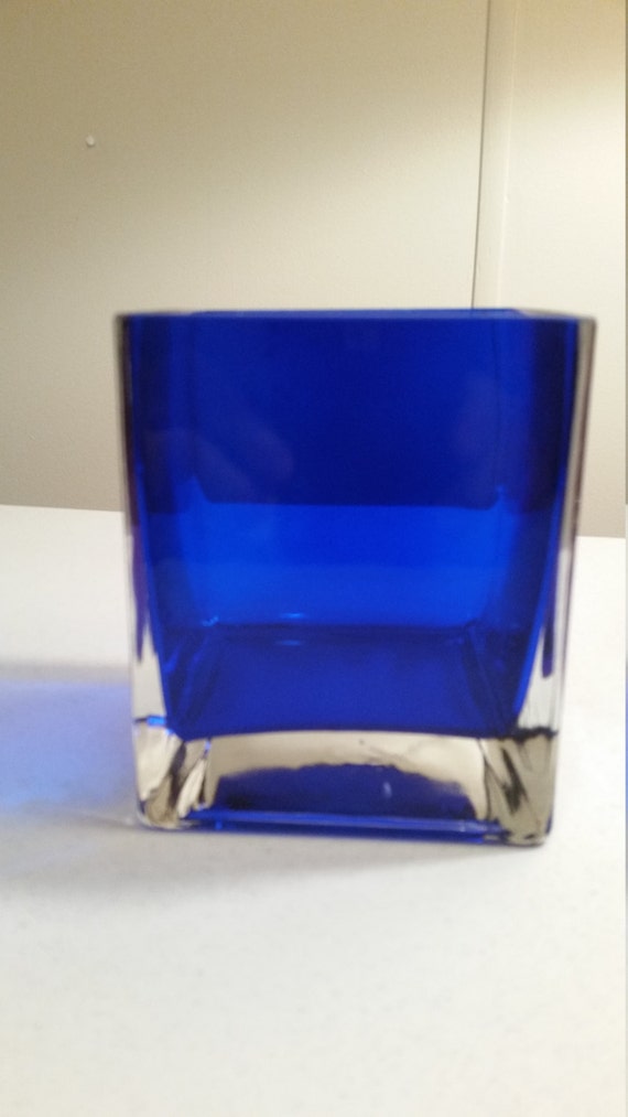vintage square cobalt blue blown art glass vase / candle