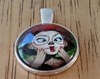 1 - Silver - Glass Cabochon - Pendant - Necklace - Red Haired Woman in Center - The size is 36mm x 28mm