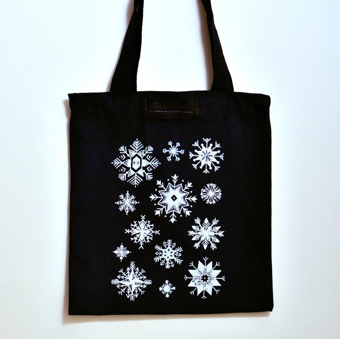 Snowflake tote bag black and white bag snow by CheeseAndAshtray