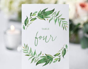 Printable Wedding Table Numbers / Watercolor Wreath / Leaves / Calligraphy / Table Numbers 1-21 / Instant Download / Greenery / Digital 4x6