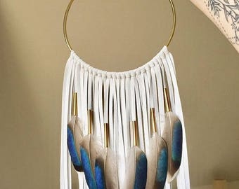 Modern White Leather Dream Catcher, 6" x 22". Handmade. Wall hanging.