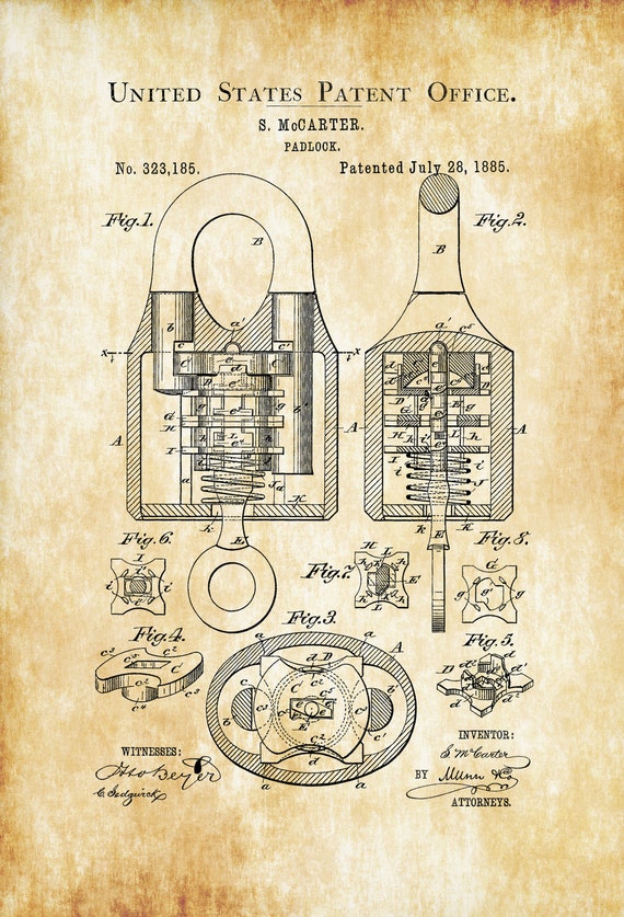 1885 Padlock Patent Vintage Padlock Wall Decor Bizarre padlock diagram 