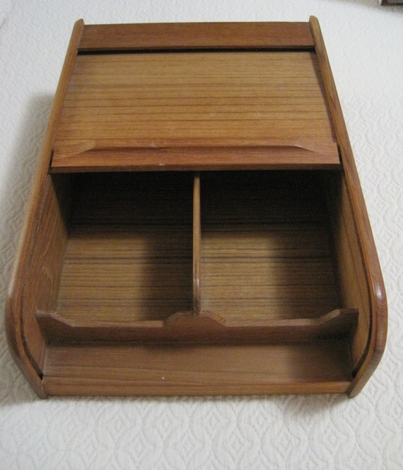 Teak Cassette Tape Storage Roll Top Desk Organizer 10