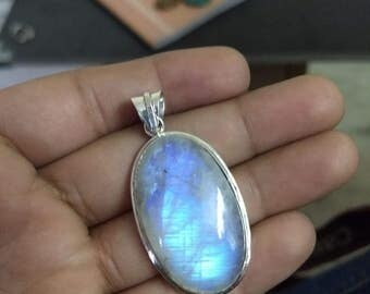 Moonstone Pendant, Large Rainbow Moonstone Pendant, Sterling Silver Pendant, Healing Pendant, Moonstone Jewelry, Blue Flash Moonstone Pendan
