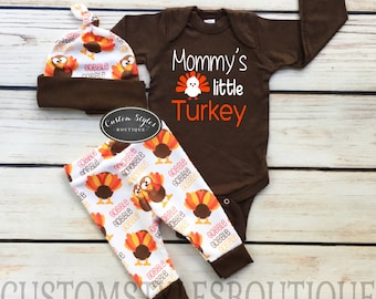 Baby Boys First Thanksgiving Outfit, Brown Infant Bodysuit, Leggings And Hat With Turkeys, Baby Boy's Thanksgiving Outfit Set